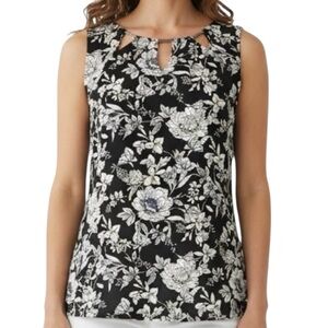NWT WHBM Black & White Floral Sleeveless Cutout Detail Blouse Size Large